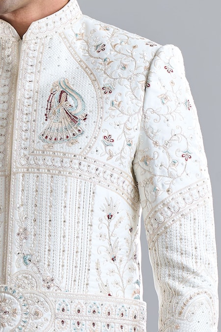 Arihant Rai Sinha Cream Silk Embroidery Florette Sherwani Set Online at Aza Fashions Arihant Rai Sinha_Cream Silk Embroidery Florette Sherwani Set _Online_at_Aza_Fashions