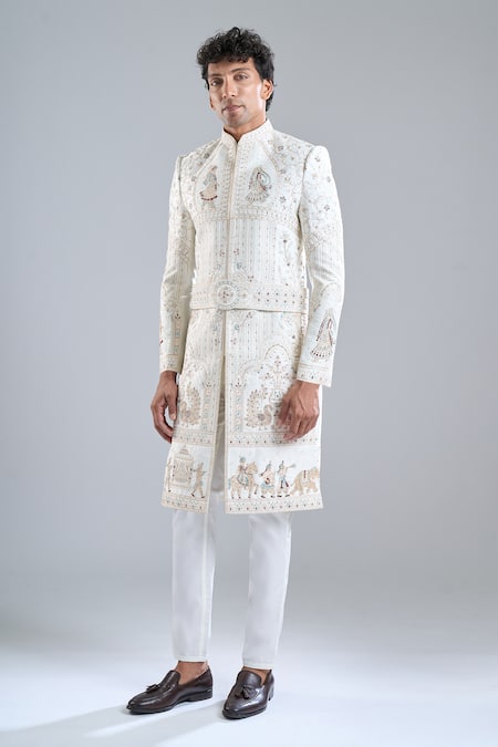 Buy Arihant Rai Sinha Cream Silk Embroidery Florette Sherwani Set Online at Aza Fashions Buy_Arihant Rai Sinha_Cream Silk Embroidery Florette Sherwani Set _Online_at_Aza_Fashions