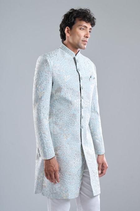 Arihant Rai Sinha_White Silk Embroidery, Zari Floral Sherwani And Pant Set _Online_at_Aza_Fashions
