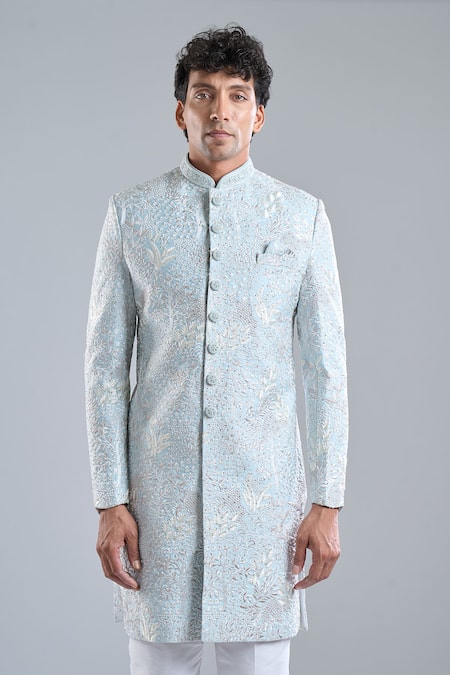 Buy_Arihant Rai Sinha_White Silk Embroidery, Zari Floral Sherwani And Pant Set _Online_at_Aza_Fashions