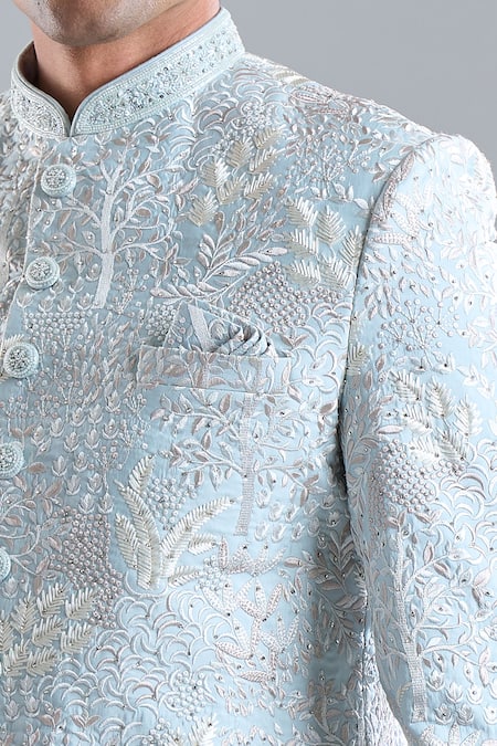 Shop_Arihant Rai Sinha_White Silk Embroidery, Zari Floral Sherwani And Pant Set _Online_at_Aza_Fashions