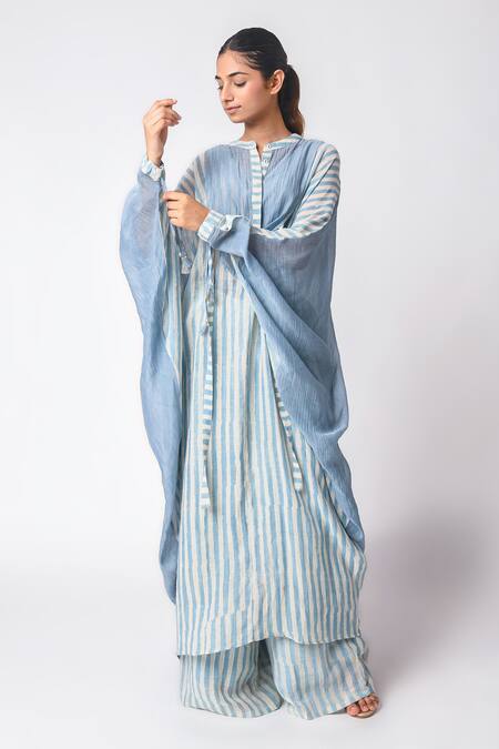 JAYATI GOENKA_Blue Chanderi Silk Collared, Round Neck Sky Printed Kaftan Set _Online_at_Aza_Fashions