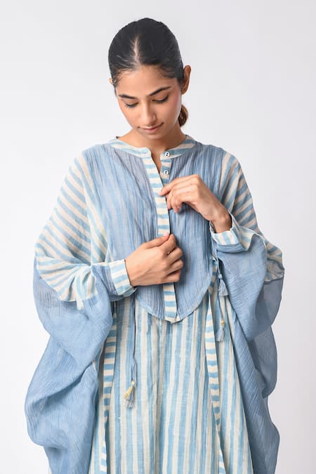 Shop_JAYATI GOENKA_Blue Chanderi Silk Collared, Round Neck Sky Printed Kaftan Set _Online_at_Aza_Fashions