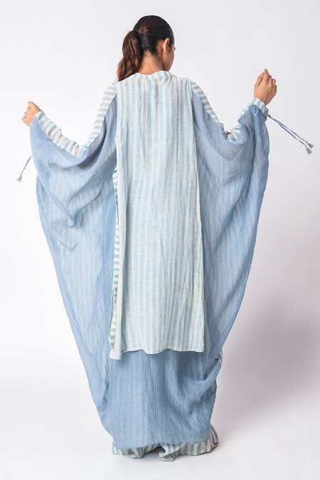 Shop_JAYATI GOENKA_Blue Chanderi Silk Collared, Round Neck Sky Printed Kaftan Set _at_Aza_Fashions