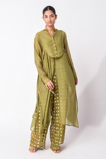 JAYATI GOENKA Green Chanderi Silk Embroidery Mandarin Collar Heena Cord Set Online at Aza Fashions JAYATI GOENKA_Green Chanderi Silk Embroidery Mandarin Collar Heena Cord Set _Online_at_Aza_Fashions