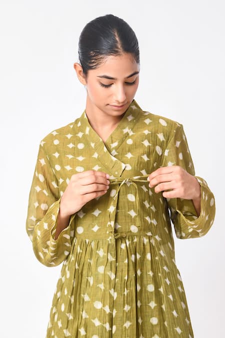 Shop_JAYATI GOENKA_Green Chanderi Silk Embroidery Mandarin Geometric Print Angarkha And Palazzo Set _Online_at_Aza_Fashions