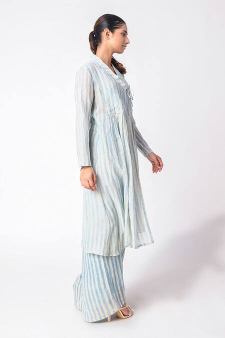 Buy JAYATI GOENKA Blue Chanderi Silk Mandarin Collar Block Print Angarkha And Pant Set Online at Aza Fashions Buy_JAYATI GOENKA_Blue Chanderi Silk Mandarin Collar Block Print Angarkha And Pant Set _Online_at_Aza_Fashions