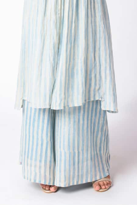 Shop JAYATI GOENKA Blue Chanderi Silk Mandarin Collar Block Print Angarkha And Pant Set Online at Aza Fashions Shop_JAYATI GOENKA_Blue Chanderi Silk Mandarin Collar Block Print Angarkha And Pant Set _Online_at_Aza_Fashions