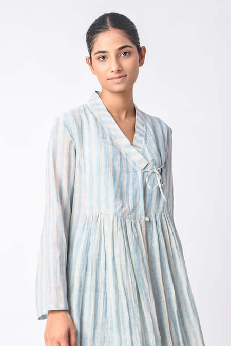 JAYATI GOENKA Blue Chanderi Silk Mandarin Collar Block Print Angarkha And Pant Set at Aza Fashions JAYATI GOENKA_Blue Chanderi Silk Mandarin Collar Block Print Angarkha And Pant Set _at_Aza_Fashions