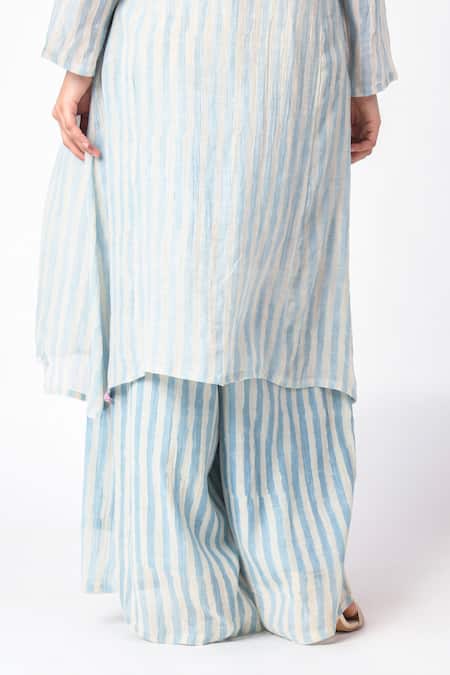 Buy JAYATI GOENKA Blue Chanderi Silk Mandarin Collar Block Print Angarkha And Pant Set Buy_JAYATI GOENKA_Blue Chanderi Silk Mandarin Collar Block Print Angarkha And Pant Set