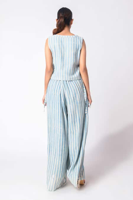 Shop JAYATI GOENKA Blue Chanderi Silk V-neck Stripe Print Vest With Pant at Aza Fashions Shop_JAYATI GOENKA_Blue Chanderi Silk V-neck Stripe Print Vest With Pant _at_Aza_Fashions