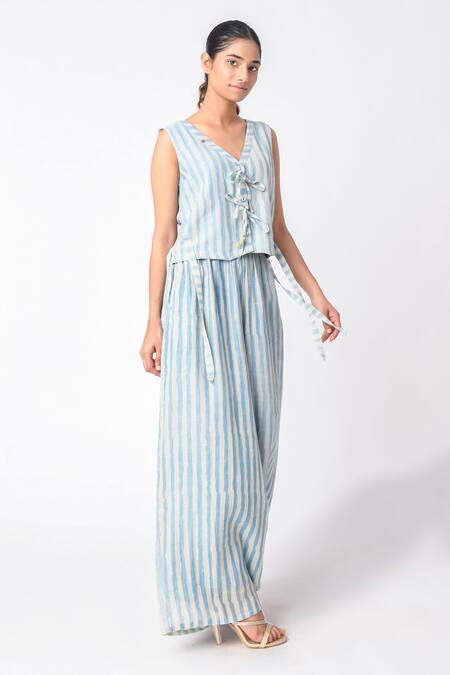 JAYATI GOENKA Blue Chanderi Silk V-neck Stripe Print Vest With Pant Online at Aza Fashions JAYATI GOENKA_Blue Chanderi Silk V-neck Stripe Print Vest With Pant _Online_at_Aza_Fashions