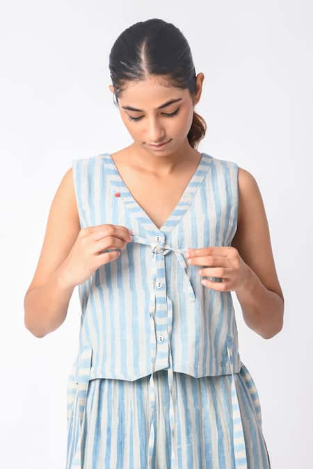 Buy JAYATI GOENKA Blue Chanderi Silk V-neck Stripe Print Vest With Pant Online at Aza Fashions Buy_JAYATI GOENKA_Blue Chanderi Silk V-neck Stripe Print Vest With Pant _Online_at_Aza_Fashions