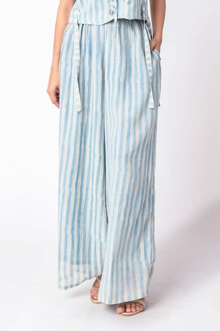 Shop JAYATI GOENKA Blue Chanderi Silk V-neck Stripe Print Vest With Pant Online at Aza Fashions Shop_JAYATI GOENKA_Blue Chanderi Silk V-neck Stripe Print Vest With Pant _Online_at_Aza_Fashions