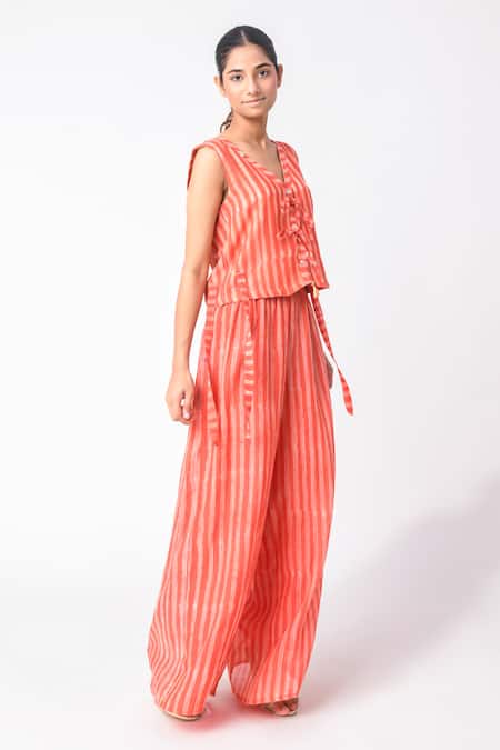 Buy JAYATI GOENKA Orange Chanderi Silk V-neck Printed Vest With Pant Online at Aza Fashions Buy_JAYATI GOENKA_Orange Chanderi Silk V-neck Printed Vest With Pant _Online_at_Aza_Fashions