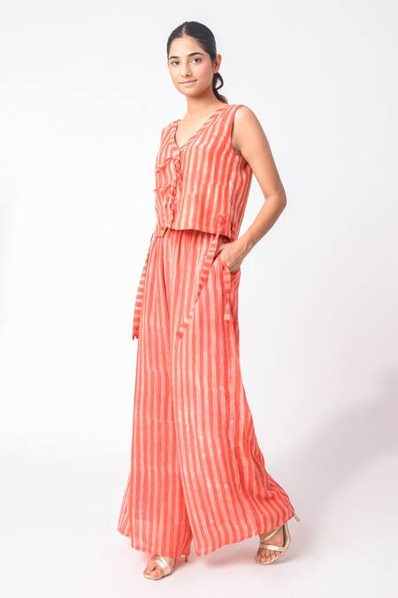 Shop JAYATI GOENKA Orange Chanderi Silk V-neck Printed Vest With Pant Online at Aza Fashions Shop_JAYATI GOENKA_Orange Chanderi Silk V-neck Printed Vest With Pant _Online_at_Aza_Fashions