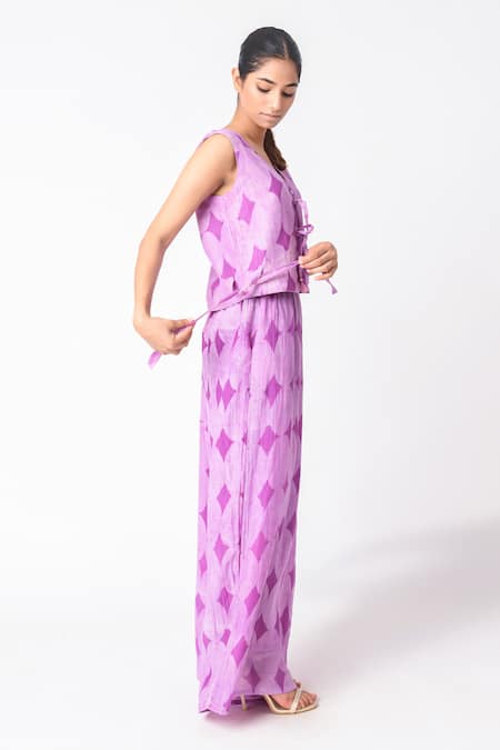 JAYATI GOENKA_Purple Chanderi Silk V-neck Printed Vest And Pant Set _Online_at_Aza_Fashions