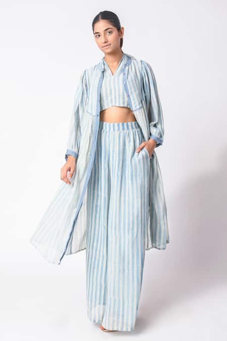 JAYATI GOENKA Blue Chanderi Silk V-neck, Collared Printed Jacket Pant Set Online at Aza Fashions JAYATI GOENKA_Blue Chanderi Silk V-neck, Collared Printed Jacket Pant Set _Online_at_Aza_Fashions