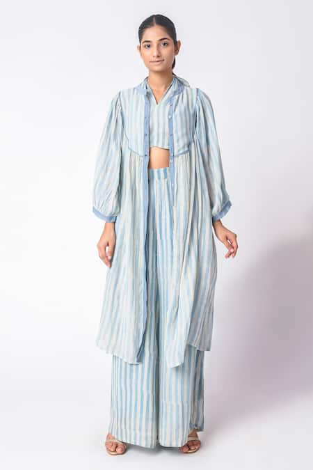 Buy JAYATI GOENKA Blue Chanderi Silk V-neck, Collared Printed Jacket Pant Set Online at Aza Fashions Buy_JAYATI GOENKA_Blue Chanderi Silk V-neck, Collared Printed Jacket Pant Set _Online_at_Aza_Fashions