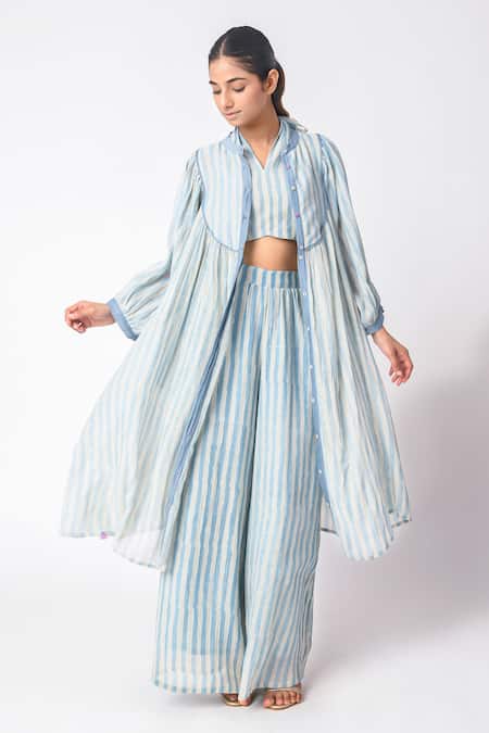 Shop JAYATI GOENKA Blue Chanderi Silk V-neck, Collared Printed Jacket Pant Set Online at Aza Fashions Shop_JAYATI GOENKA_Blue Chanderi Silk V-neck, Collared Printed Jacket Pant Set _Online_at_Aza_Fashions