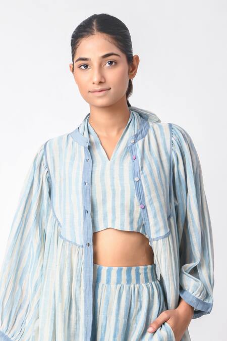 Buy JAYATI GOENKA Blue Chanderi Silk V-neck, Collared Printed Jacket Pant Set Buy_JAYATI GOENKA_Blue Chanderi Silk V-neck, Collared Printed Jacket Pant Set