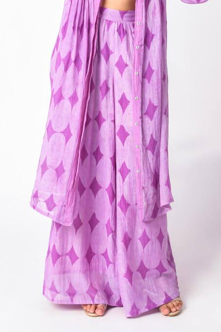 JAYATI GOENKA Purple Chanderi Silk V-neck, Collared Printed Jacket Pant Set Online at Aza Fashions JAYATI GOENKA_Purple Chanderi Silk V-neck, Collared Printed Jacket Pant Set _Online_at_Aza_Fashions