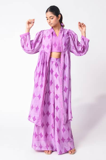 Buy JAYATI GOENKA Purple Chanderi Silk V-neck, Collared Printed Jacket Pant Set Online at Aza Fashions Buy_JAYATI GOENKA_Purple Chanderi Silk V-neck, Collared Printed Jacket Pant Set _Online_at_Aza_Fashions