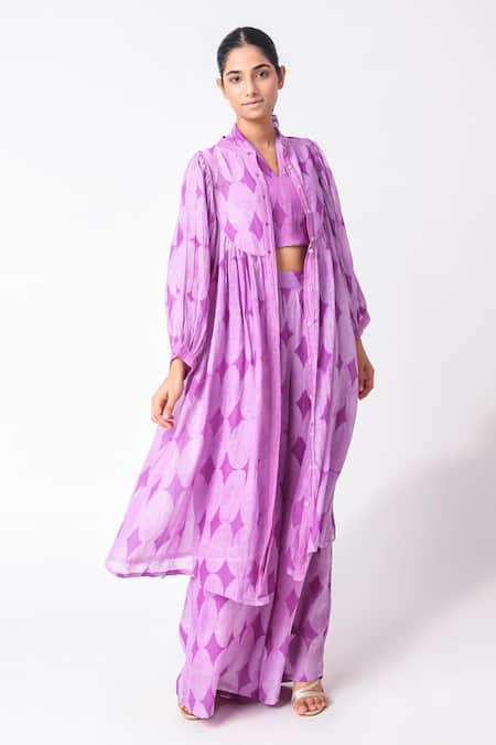 Shop JAYATI GOENKA Purple Chanderi Silk V-neck, Collared Printed Jacket Pant Set Online at Aza Fashions Shop_JAYATI GOENKA_Purple Chanderi Silk V-neck, Collared Printed Jacket Pant Set _Online_at_Aza_Fashions