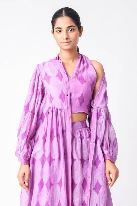 JAYATI GOENKA Purple Chanderi Silk V-neck, Collared Printed Jacket Pant Set at Aza Fashions JAYATI GOENKA_Purple Chanderi Silk V-neck, Collared Printed Jacket Pant Set _at_Aza_Fashions
