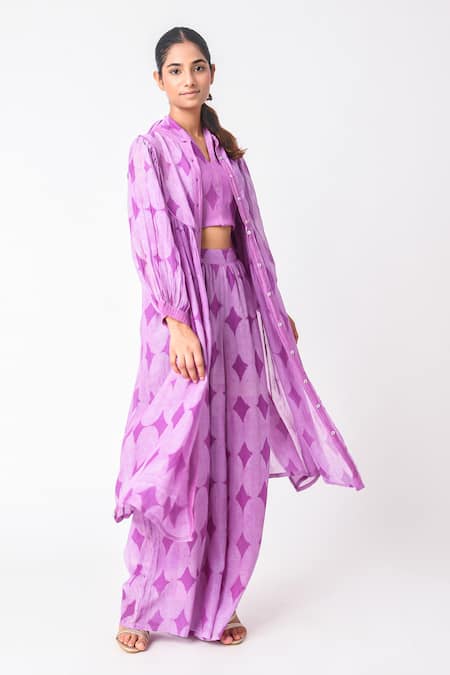 Shop JAYATI GOENKA Purple Chanderi Silk V-neck, Collared Printed Jacket Pant Set Shop_JAYATI GOENKA_Purple Chanderi Silk V-neck, Collared Printed Jacket Pant Set