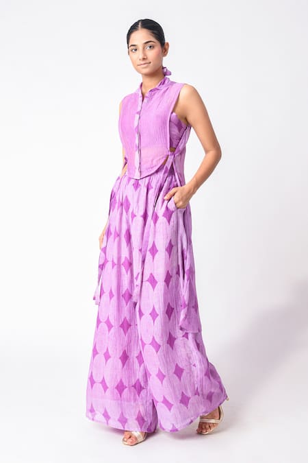 JAYATI GOENKA_Purple Chanderi Silk Embroidery Collared, Mandarin Printed Pant Set With Overlay _at_Aza_Fashions