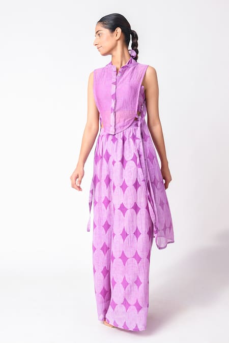 Buy_JAYATI GOENKA_Purple Chanderi Silk Embroidery Collared, Mandarin Printed Pant Set With Overlay 