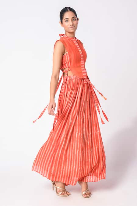 Buy JAYATI GOENKA Orange Chanderi Silk Tassels Mandarin Collar, Skirt Set With Overlay Online at Aza Fashions Buy_JAYATI GOENKA_Orange Chanderi Silk Tassels Mandarin Collar, Skirt Set With Overlay _Online_at_Aza_Fashions