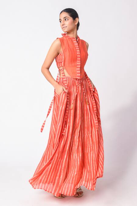 Shop JAYATI GOENKA Orange Chanderi Silk Tassels Mandarin Collar, Skirt Set With Overlay Online at Aza Fashions Shop_JAYATI GOENKA_Orange Chanderi Silk Tassels Mandarin Collar, Skirt Set With Overlay _Online_at_Aza_Fashions