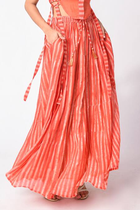 JAYATI GOENKA Orange Chanderi Silk Tassels Mandarin Collar, Skirt Set With Overlay at Aza Fashions JAYATI GOENKA_Orange Chanderi Silk Tassels Mandarin Collar, Skirt Set With Overlay _at_Aza_Fashions