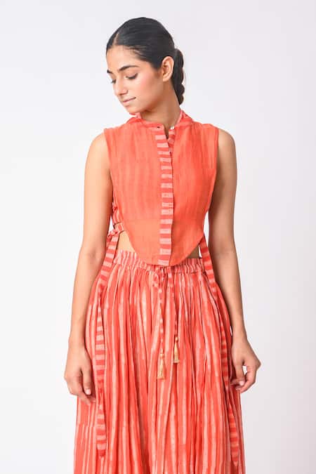 Buy JAYATI GOENKA Orange Chanderi Silk Tassels Mandarin Collar, Skirt Set With Overlay Buy_JAYATI GOENKA_Orange Chanderi Silk Tassels Mandarin Collar, Skirt Set With Overlay