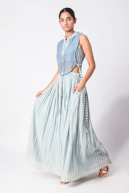 JAYATI GOENKA_Blue Chanderi Silk Tassels Collared, Mandarin Printed Skirt Set With Overlay _at_Aza_Fashions