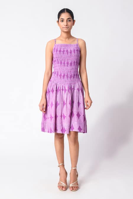 JAYATI GOENKA_Purple Chanderi Silk Square Neck Printed Dress _Online_at_Aza_Fashions