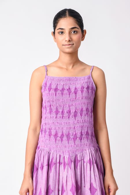 Buy_JAYATI GOENKA_Purple Chanderi Silk Square Neck Printed Dress _Online_at_Aza_Fashions