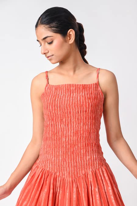 JAYATI GOENKA_Orange Chanderi Silk Square Neck Smocked Dress _Online_at_Aza_Fashions