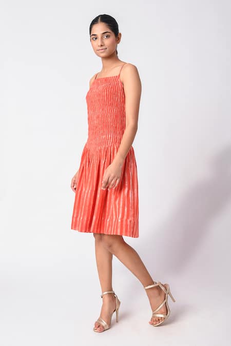 Buy_JAYATI GOENKA_Orange Chanderi Silk Square Neck Smocked Dress _Online_at_Aza_Fashions