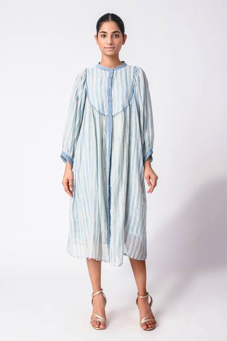 JAYATI GOENKA_Blue Chanderi Silk Round Neck Stripe Print Dress _Online_at_Aza_Fashions