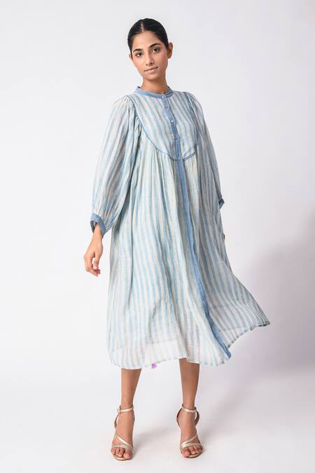 Buy_JAYATI GOENKA_Blue Chanderi Silk Round Neck Stripe Print Dress _Online_at_Aza_Fashions