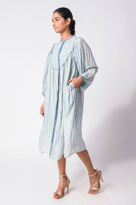 Shop_JAYATI GOENKA_Blue Chanderi Silk Round Neck Stripe Print Dress _Online_at_Aza_Fashions