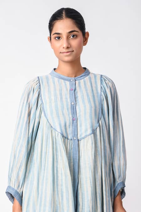 JAYATI GOENKA_Blue Chanderi Silk Round Neck Stripe Print Dress _at_Aza_Fashions
