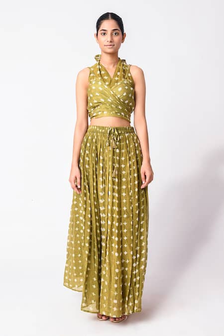 JAYATI GOENKA_Green Chanderi Silk Halter Neck Printed Wrap Top Skirt Set _Online_at_Aza_Fashions