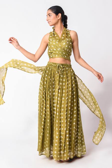 Buy_JAYATI GOENKA_Green Chanderi Silk Halter Neck Printed Wrap Top Skirt Set _Online_at_Aza_Fashions