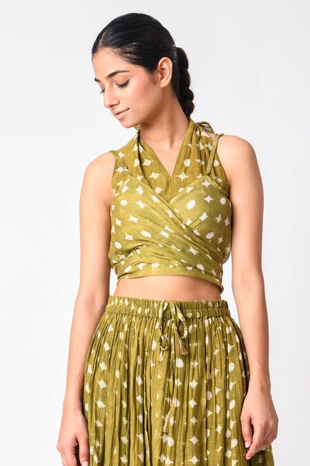 JAYATI GOENKA_Green Chanderi Silk Halter Neck Printed Wrap Top Skirt Set _at_Aza_Fashions