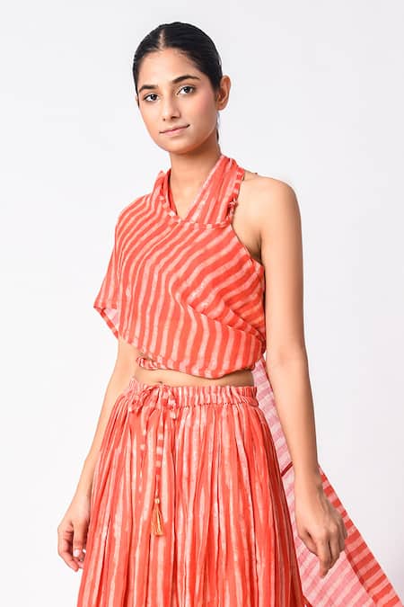 JAYATI GOENKA_Orange Chanderi Silk Tassels Halter Neck Printed Wrap Top Skirt Set _Online_at_Aza_Fashions