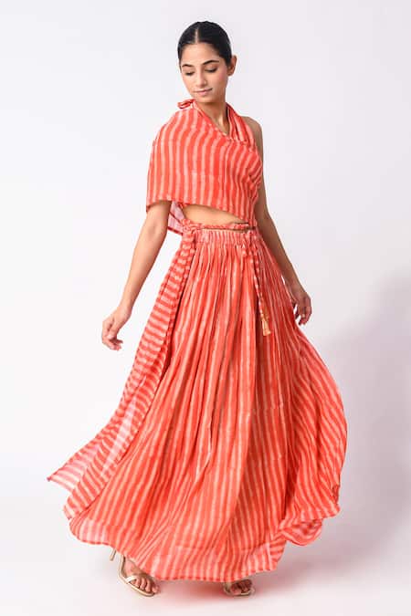 Buy_JAYATI GOENKA_Orange Chanderi Silk Tassels Halter Neck Printed Wrap Top Skirt Set _Online_at_Aza_Fashions